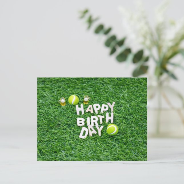 Tennis ball with Happy Birthday  with beer Postcard (Standing Front)