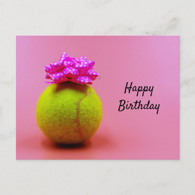 Tennis ball with happy birthday word on pink  postcard (Front)