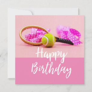 Tennis ball with racket on pink Birthday Card