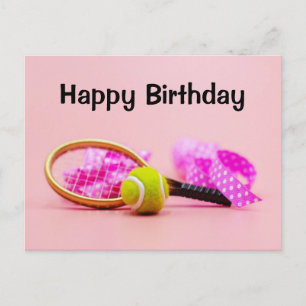 Tennis ball with racket on pink pastel birthday postcard