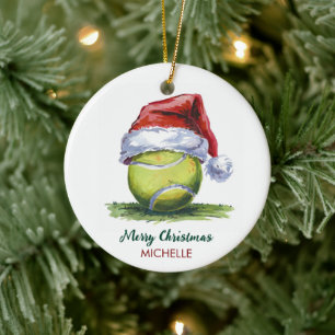 Tennis Ball with Santa Hat Custom Christmas Ceramic Tree Decoration