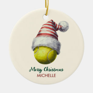 Tennis Ball with Santa Hat Custom Christmas Ceramic Tree Decoration