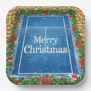 Tennis ball with Santa Hat on the court Christmas Paper Plate