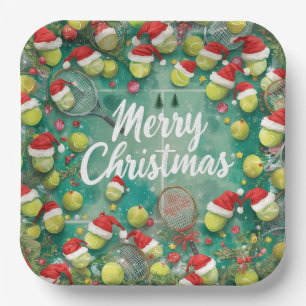 Tennis ball with Santa Hat on the court Christmas Paper Plate