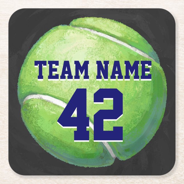 Tennis Ball with Team Name and Number Square Paper Coaster (Front)
