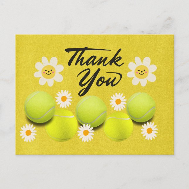 Tennis ball with white daisy flower thank you postcard (Front)