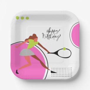 Tennis ball with Woman player birthday Paper Plate