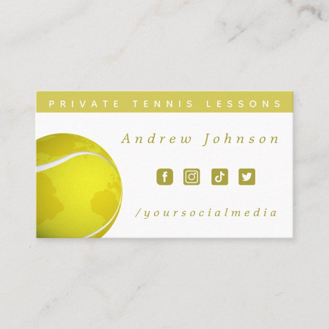 Tennis Ball World Planet Coach Social Media Yellow Business Card (Front)