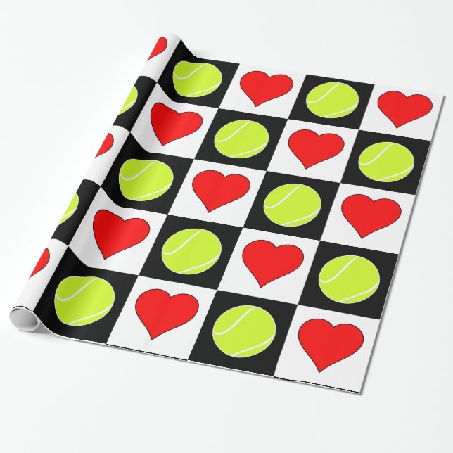 Tennis Balls and Hearts Black & White Chequered Wrapping Paper (Unrolled)