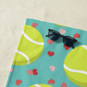 tennis balls and hearts pattern personalised beach towel