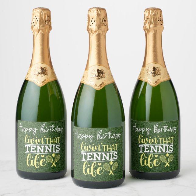 Tennis balls Living tennis Happy Birthday  Sparkling Wine Label (Bottles)