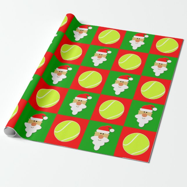 Tennis Balls & Santa Tennis Player Christmas Wrapping Paper (Unrolled)