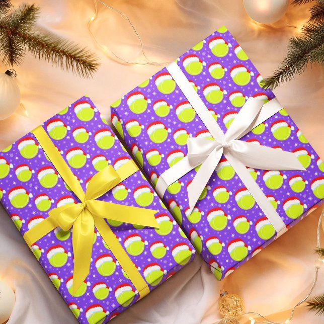 Tennis Balls Wear Santa's Hat & Snowflakes Purple Wrapping Paper (Creator Uploaded)