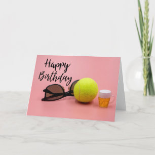 Tennis Birthday card with ball and beer on pink
