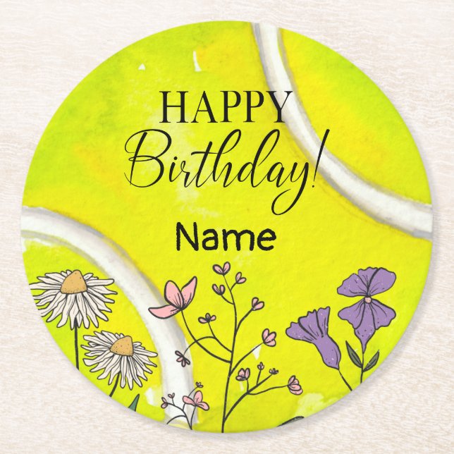 Tennis Birthday  on tennis ball for player    Round Paper Coaster (Front)