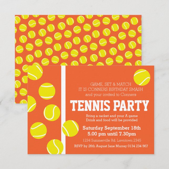 Tennis birthday party invite red orange clay court (Front/Back)
