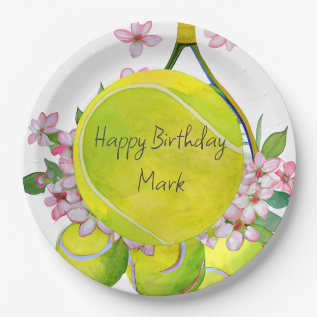 Tennis Birthday Player Party  Watercolor  Paper Plate (Front)