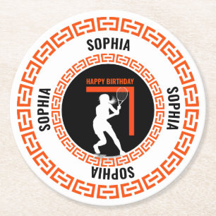 Tennis Birthday, Tennis Girl Player  Round Paper Coaster