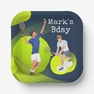 Tennis Birthday tennis player with racket blue Paper Plate