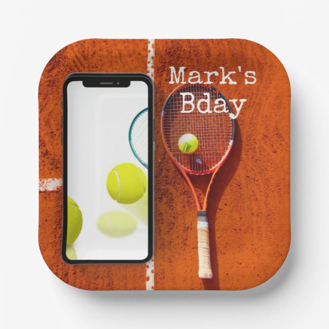 Tennis  Birthday  tennis  player with racket red Paper Plate (Front)