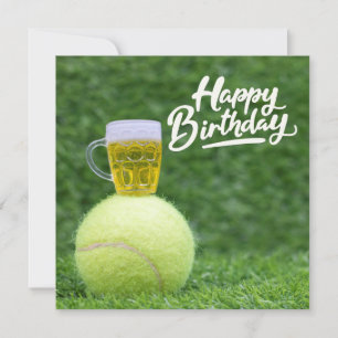 Tennis Birthday with ball and Beer on Green Grass Card