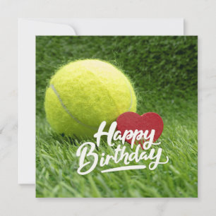 Tennis Birthday with ball and racket on green Card