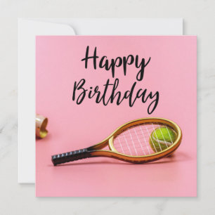 Tennis Birthday with  ball and  Racket on Pink  Card