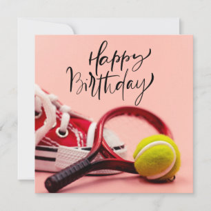Tennis Birthday with ball and Racket on Pink Card