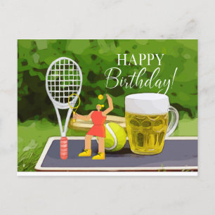 Tennis Birthday with Beer and ball racket for Mum Postcard