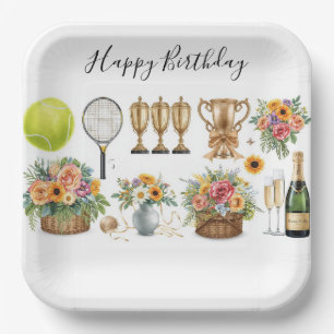 Tennis Birthday with Flowers and ball watercolor Paper Plate