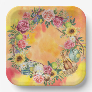 Tennis Birthday with Flowers and ball watercolor Paper Plate