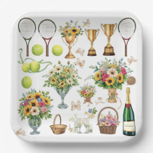Tennis Birthday with Flowers and ball watercolor Paper Plate