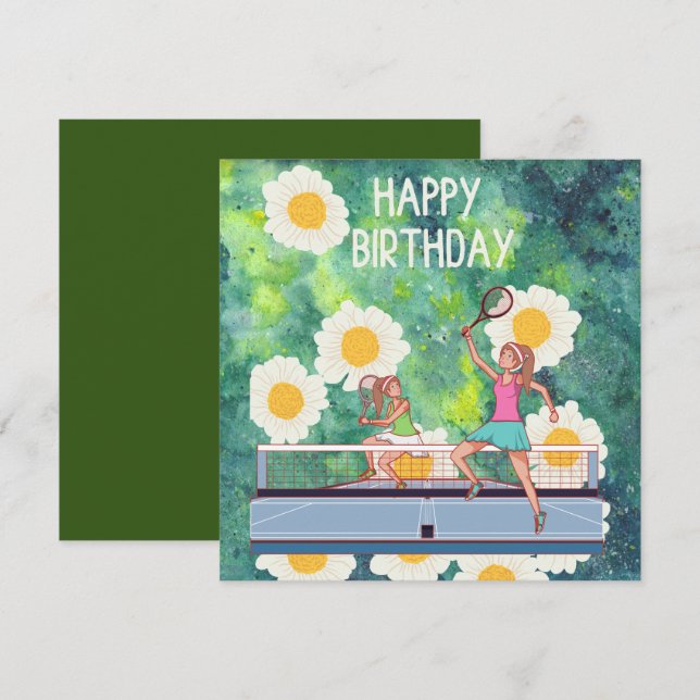 Tennis Birthday with Tennis Player on Flowers Card (Front/Back)
