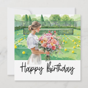 Tennis birthday with woman holds flower on court card