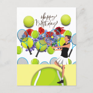 Tennis Birthday with woman player and flower Postcard