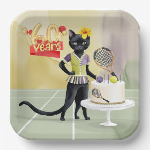 Tennis Black Cat 60th Birthday Party with Cake Paper Plate