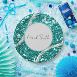 Tennis Boy Baby Shower Sequin Tennis ball Paper Plate