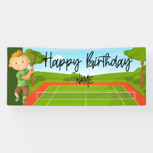 Tennis Boy is playing Tennis Birthday with Name Banner