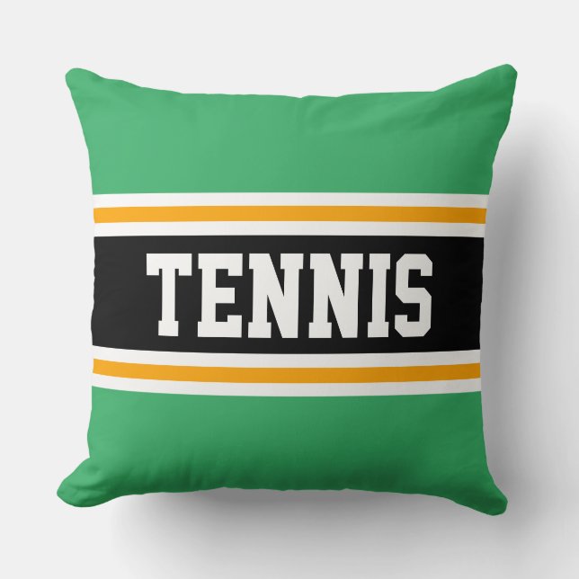 TENNIS Bright Kelly Green Black Athletic Stripes Cushion (Front)