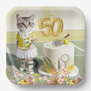 Tennis Cat 50th Birthday Party with Cake Paper Plate