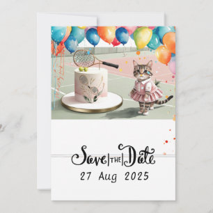 TENNIS CAT PLAYER with Cake Party on Court Save The Date