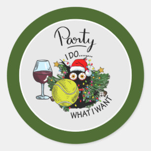 Tennis Cat Santa Claus Party drunk Funny Christmas Classic Round Sticker