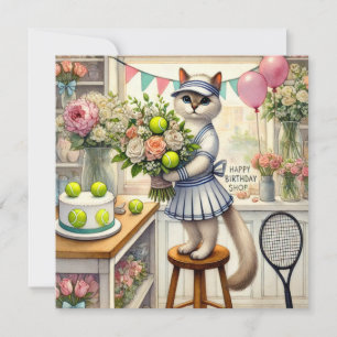 Tennis Cat Watercolor for Birthday Card