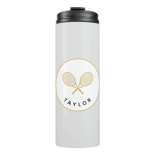 Tennis Chic Player Gift Black and Gold Custom Thermal Tumbler (Front)