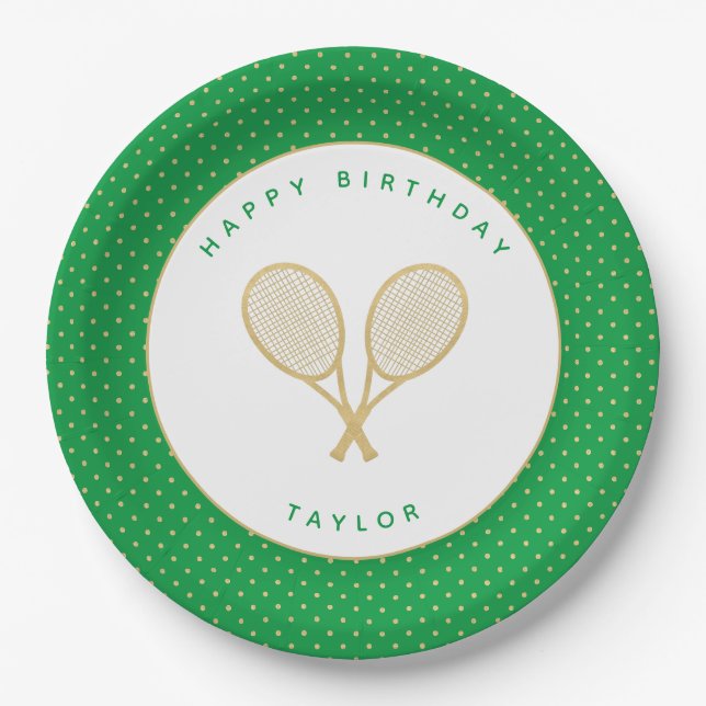 Tennis Chic Sports Themed Green and Gold Paper Plate (Front)