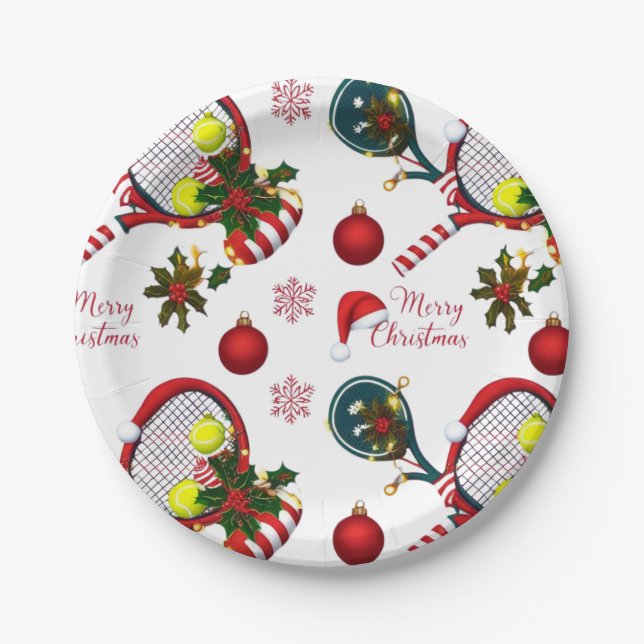 Tennis Christmas  Festive Racquets and Ball  Paper Plate (Front)