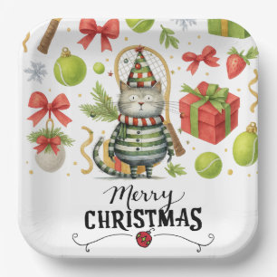 Tennis Christmas for Player who loves Cat Paper Plate