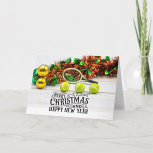 Tennis Christmas Holiday Card with ball and Racket
