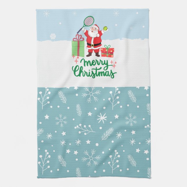 Tennis Christmas Holiday  with Santa Claus Tea Towel (Vertical)