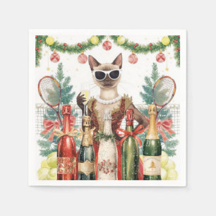 Tennis Christmas Party with Cat Players Napkin